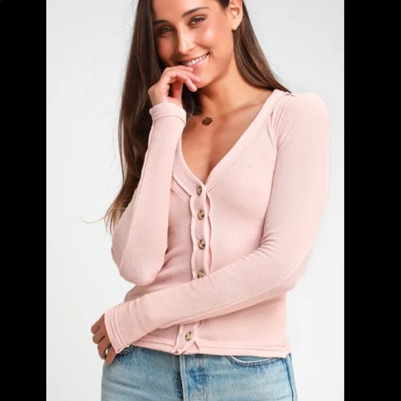 We The Free Call Me Cardigan Sweater Pink V-neck Button Front Long Sleeve Medium - Picture 2 of 12